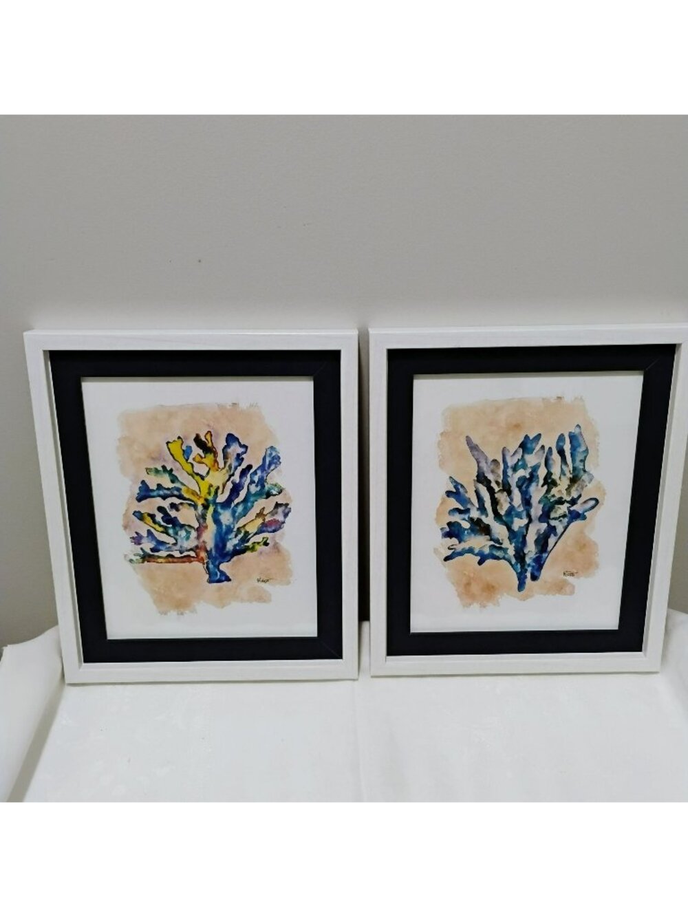 Set of 2 Coastal Coral Watercolor Art Prints Framed Matted Beach Decor 12.5x10.5
